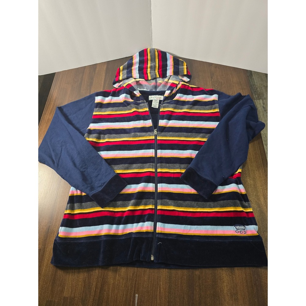 Oleg Cassini Sport Womens XL Velour Striped Zip Up Hoodie Navy Blue Multi Color